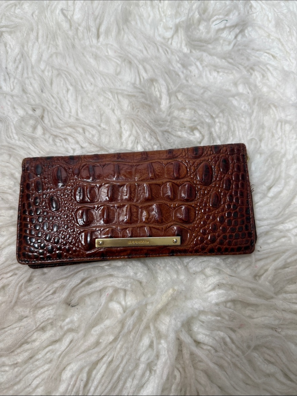 Brahmin Brown Croc-Embossed Leather Wallet with Gold Plate